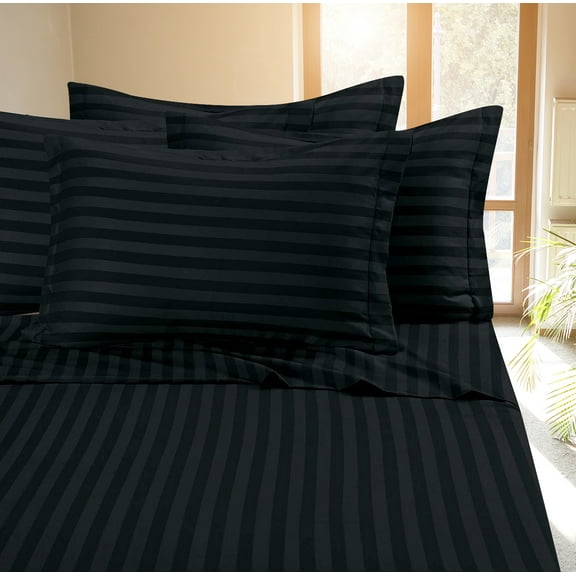 Deluxe Hotel 400 TC 100% Cotton, Luxury Dobby Stripe Bed Sheets Set, Twin, Black, 4 Piece