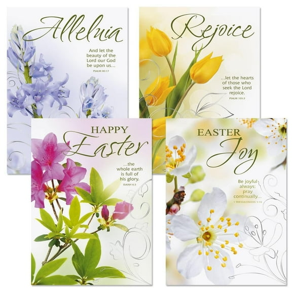Deluxe Joy Religious Easter Greeting Cards - Set of 8 (4 designs), Envelopes Included, Inspiring Bible Messages for Christians and Catholics, by Current