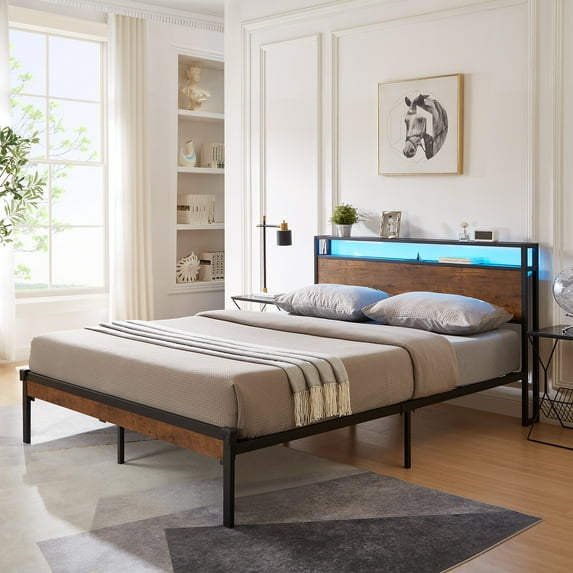 Deluxe King Metal Platform Bed with USB, LED Headboard, Footboard, No Box Spring, Spacious Storage