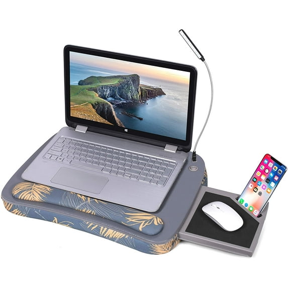 Deluxe Lap Desk for Laptop and Writing - Tropical Grey - Laptop Stand Accessories - Home Office Tray - Work from Home - Car Sofa Chair Couch Portable Desk - Pillow - Reading Light - Tablet Slot