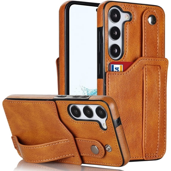 Deluxe Leather Trendy Wrist Strap Phone case Back Card Slot Protection Back Cover for Samsung Galaxy S23 Plus S20 S22 Ultra S21 FE 5G Anti-Vibration Bumper(Khaki,S21 FE)