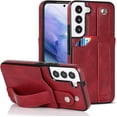 thumbnail image 1 of Deluxe Leather Trendy Wrist Strap Phone case Back Card Slot Protection Back Cover for Samsung Galaxy S23 Plus S20 S22 Ultra S21 FE 5G Anti-Vibration Bumper(Red,S21 Ultra), 1 of 8