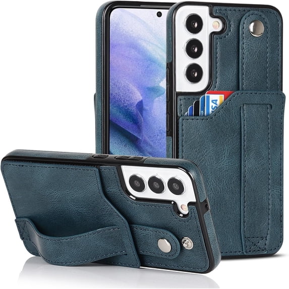 Deluxe Leather Trendy Wrist Strap Phone case Back Card Slot Protection Back Cover for Samsung Galaxy S23 Plus S20 S22 Ultra S21 FE 5G Anti-Vibration Bumper(Blue,S22)