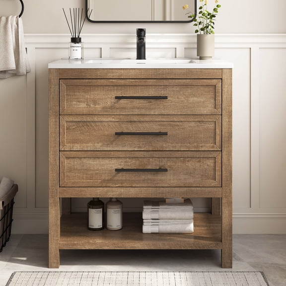 Deluxe Living 30 inch Bathroom Vanity with Sink,Farmhouse Vanity with Durable SMC Resin Countertop, Three Soft-close Full-extension Drawers, Brown