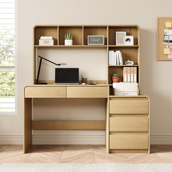 Deluxe Living 55.1" Computer Desk with Hutch, 4 Storage Drawers & Open Shelves, Home Office Writing Table with Power Outlet & LED Lights, Natural Oak