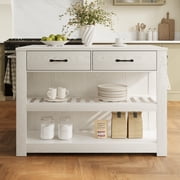 Deluxe Living 55" Kitchen Island Cart, Mobile Island Table with Power Outlets, Drawers, Hooks & 2 Open Shelves, Extra-Large Work Surface for Kitchen, White