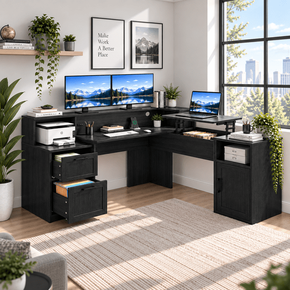 Deluxe Living 60" L-Shaped Computer Desk with Lift-Top, File Drawer, Storage Cabinet, Power Outlets, Monitor Stand, LED Light & Printer Shelf, Corner Desk for Home Office, Black