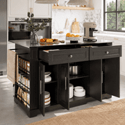 Deluxe Living 60" Rolling Kitchen Island Cart with Drop Leaf, Storage, Power Outlets, Mobile Islands with Drawers and Open Shelves,Black