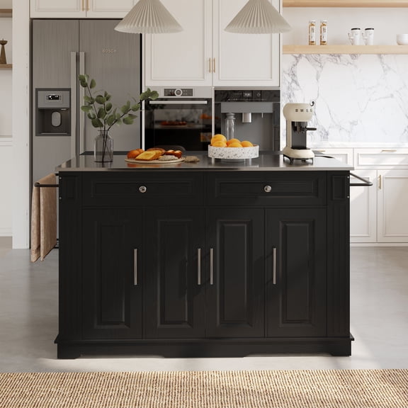 Deluxe Living 60" Rolling Kitchen Island Cart with Drop Leaf, Storage, Power Outlets, Mobile Islands with Drawers and Open Shelves,Black