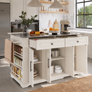 Deluxe Living 60" Kitchen Island & Kitchen Cart, Rolling Mobile Island with Drop Leaf Countertop, Power Outlets, Drawers & Open Storage Shelves, White