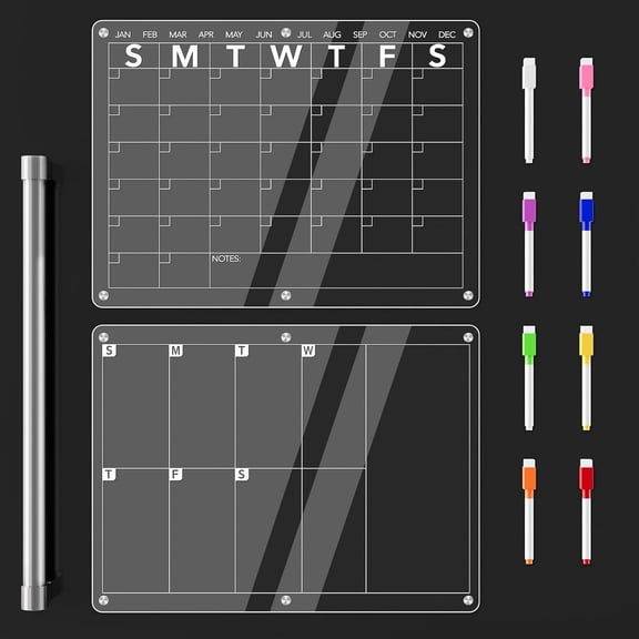 Deluxe Magnetic Acrylic Fridge Calendar Set, Erasable Monthly Weekly Planner, Meal Organizer Memo Shopping List Menu Board for Kitchen Organization & Meal Planning