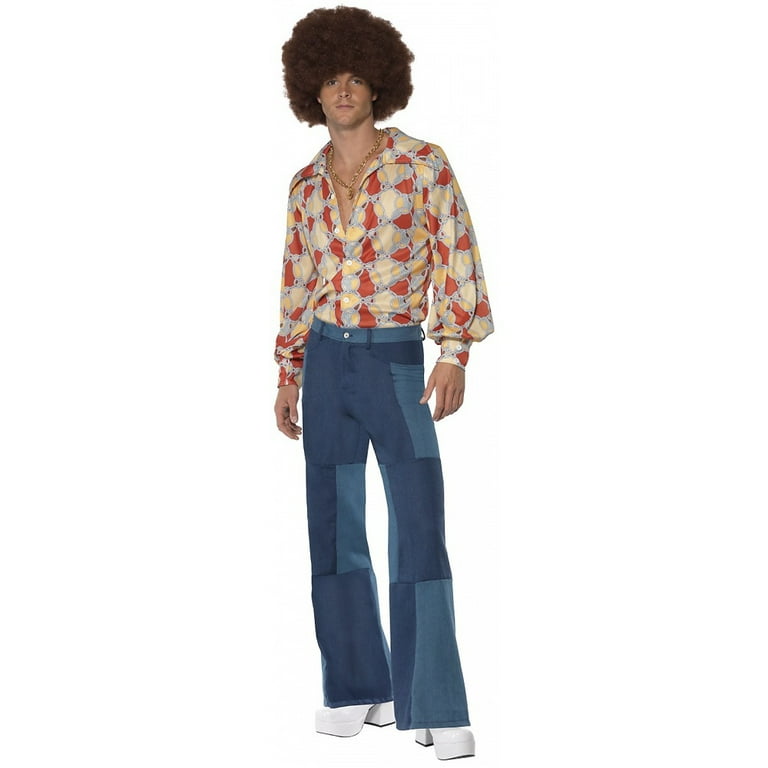 70s Patchwork Denim Look Deluxe Mens Blue Flares 70s Patchwork Denim Look Deluxe Mens Blue Flares