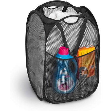 Smart Design Deluxe Mesh Pop Up Square Laundry Hamper with Side Pocket and Handles - VentilAir Fabric Collapsible Design - for Clothes and Laundry - Home - Holds 2 Loads - 14 x 23 Inch - Black
