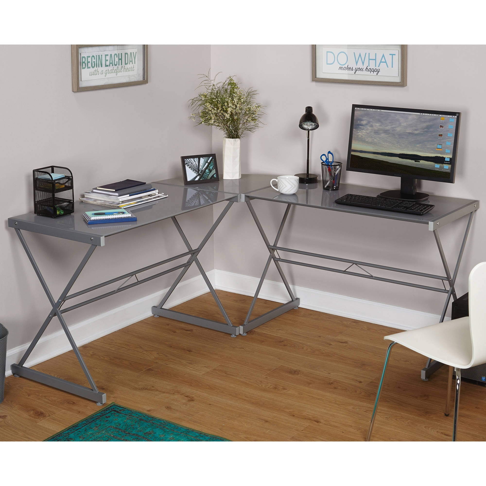 Deluxe Metal and Glass Lshaped Computer Desk, Multiple Colors