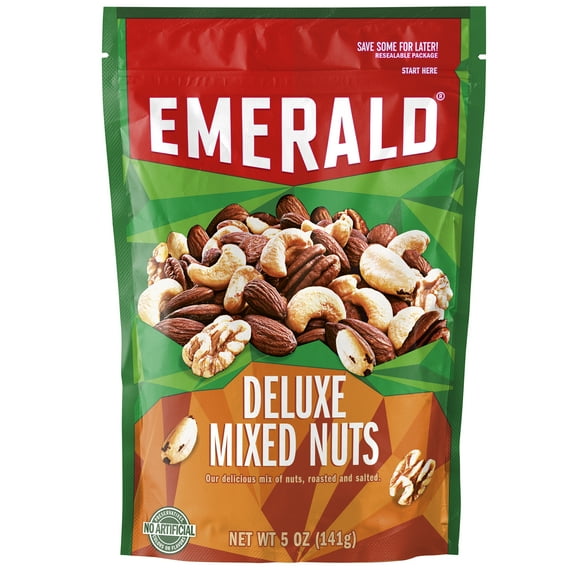 Deluxe Mixed Nuts | Features Roasted and Salted Nuts, Including Almonds, Cashews, Walnuts, Brazil Nuts and Pecans | 5 Oz Resealable Bag