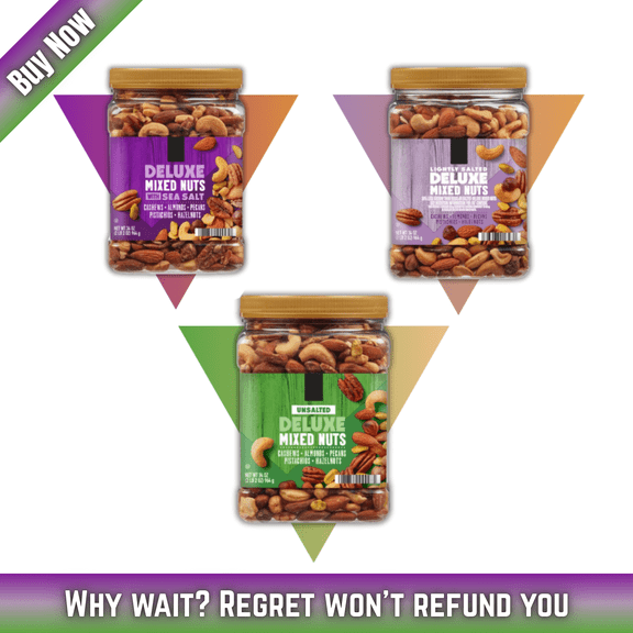 Deluxe Mixed Nuts Variety Pack, Sea Salted, Lightly Salted & Unsalted, Premium Roasted Nuts, 3 Jars, 34 oz. Each