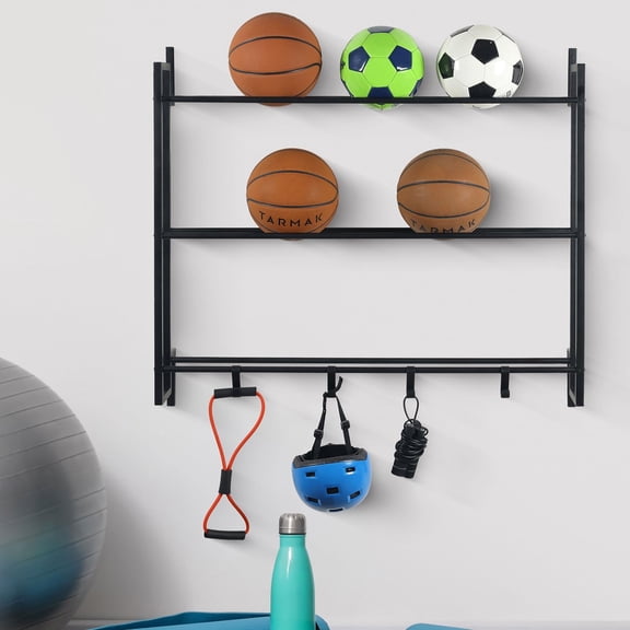 Deluxe Modern Matte Black Metal Wall Mounted Sports Ball Rack - Gym Exercise Equipment Storage Organizer Shelf Display with 4 S-Hooks