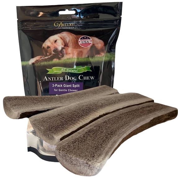 Deluxe Naturals 3-Pack Giant Split Elk Antler Dog Chews, Naturally Shed A-Grade Elk Antler Treat for Medium and Large Dogs