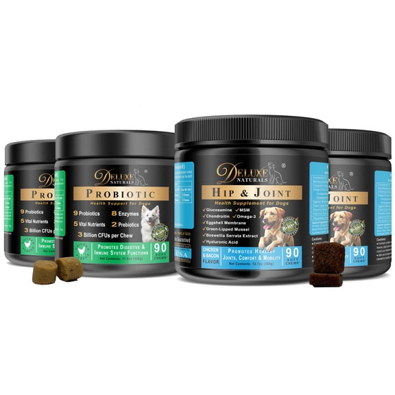 Deluxe Naturals 4-Pack Dog Wellness Bundle – 2 × Probiotic Soft Chews & 2 × Hip and Joint Soft Chews – Digestive, Immune, Mobility & Joint Support for Dogs – 90 Count Each