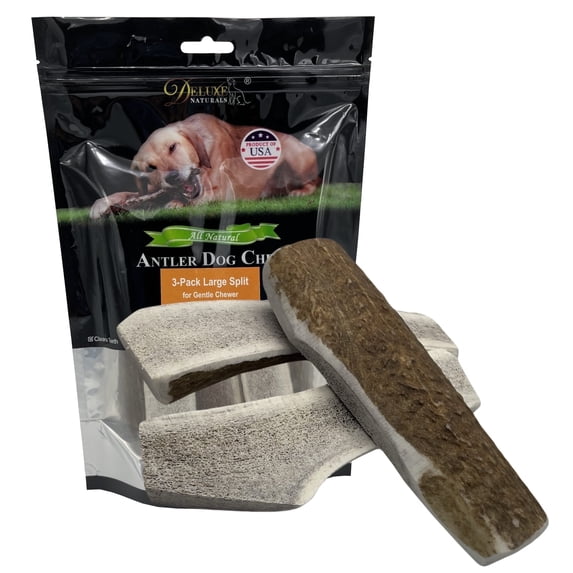 Deluxe Naturals 3-Pack Large Split Elk Antler Dog Chews, Naturally Shed A-Grade Elk Antler Treat for Small and Medium Dogs