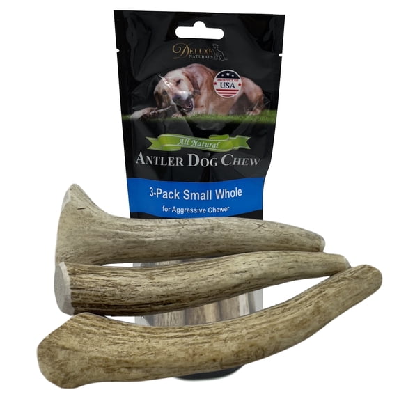 Deluxe Naturals 3-Pack Small Whole Elk Antler Dog Chews, Natural Long-Lasting Chew Treat for Small Dogs