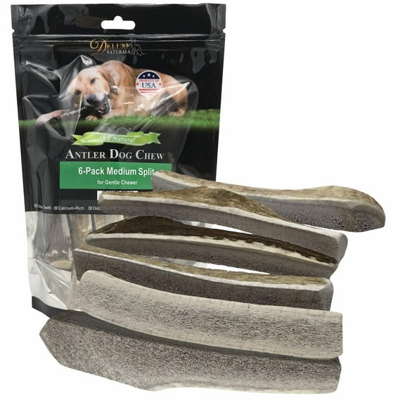 Deluxe Naturals 6-Pack Medium Split Elk Antler Dog Chews, Naturally Shed A-Grade Elk Antler Treat for Small and Tiny Dogs
