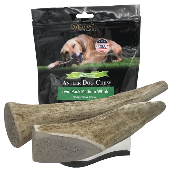 Deluxe Naturals 2-Pack Medium Whole Elk Antler Dog Chews, Natural Long-Lasting Chew Treat for Small and Medium Dogs