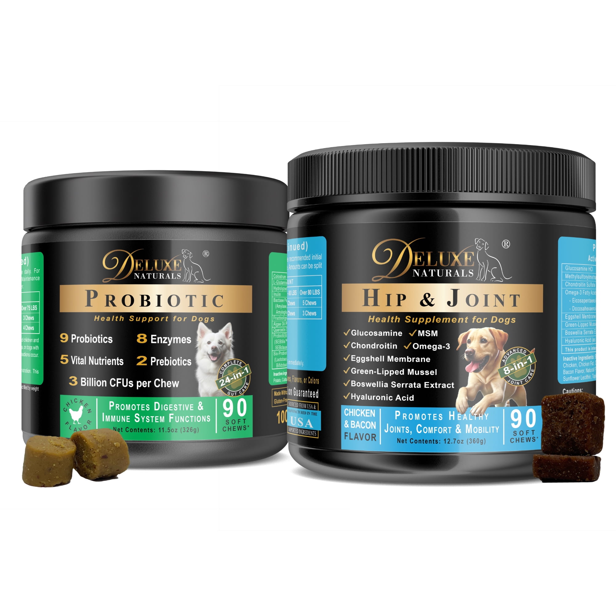 Deluxe Naturals 2-in-1 Dog Health Bundle – Probiotic Soft Chews & Hip and Joint Soft Chews – Digestive, Immune, Mobility & Joint Support for Dogs – 90-Count Each