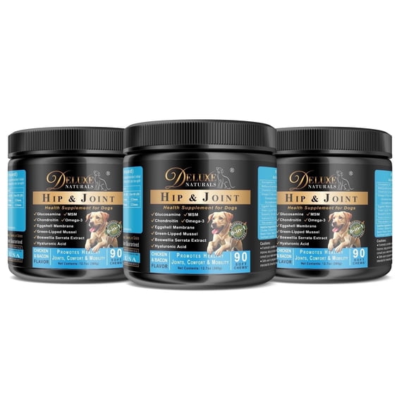 Deluxe Naturals Hip and Joint Soft Chews for Dogs – 270 Count (Pack of 3 x 90) – 8-in-1 Formula with Glucosamine, MSM, Chondroitin – Joint Health Support – Chicken & Bacon Flavor