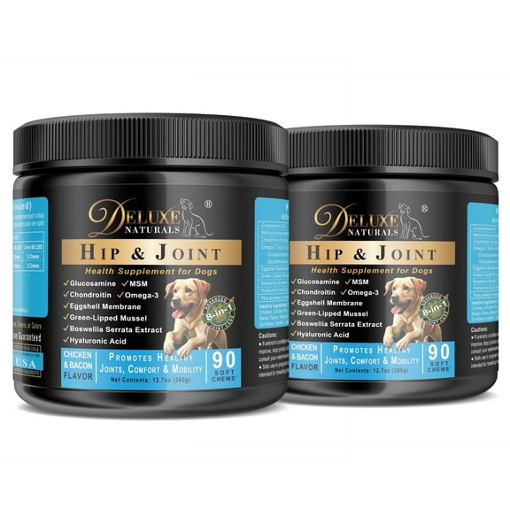 Deluxe Naturals Hip and Joint Soft Chews for Dogs – 180 Count (Pack of 2 x 90) – Glucosamine, MSM, Chondroitin, Omega-3, Green-Lipped Mussel – Joint Support Supplement – Chicken & Bacon Flavor