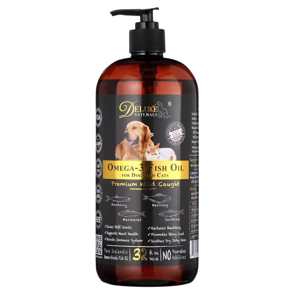 Deluxe Naturals Omega-3 Fish Oil Liquid Supplement for Pets, Immune Support, Coat & Skin Health, 32 fl oz