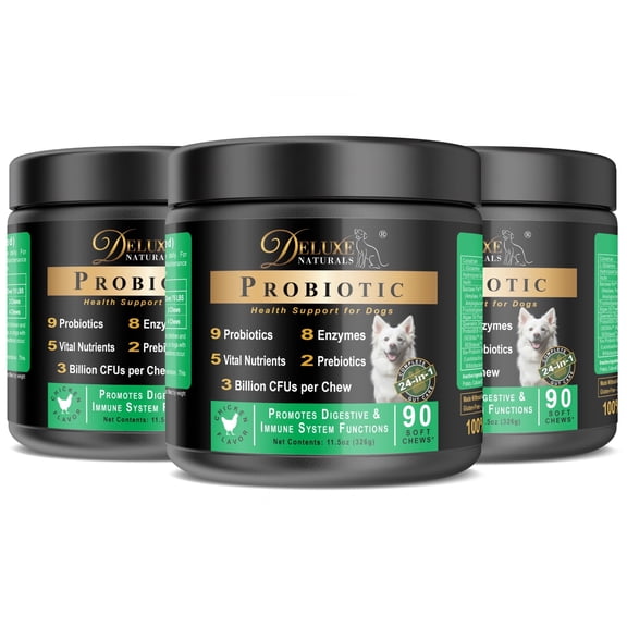 Deluxe Naturals Probiotic Soft Chews for Dogs – 270 Count (3 x 90ct) – Digestive & Immune Support with 9 Probiotics, 8 Enzymes, 2 Prebiotics & 5 Vital Nutrients – Chicken Flavor