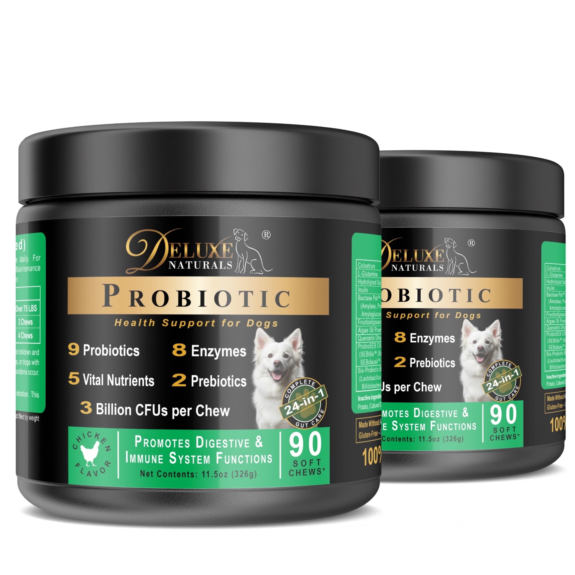 Deluxe Naturals Probiotic Soft Chews for Dogs – 180 Count (2 x 90ct) – Digestive & Immune Support with 9 Probiotics, 8 Enzymes, 2 Prebiotics & 5 Vital Nutrients – Chicken Flavor