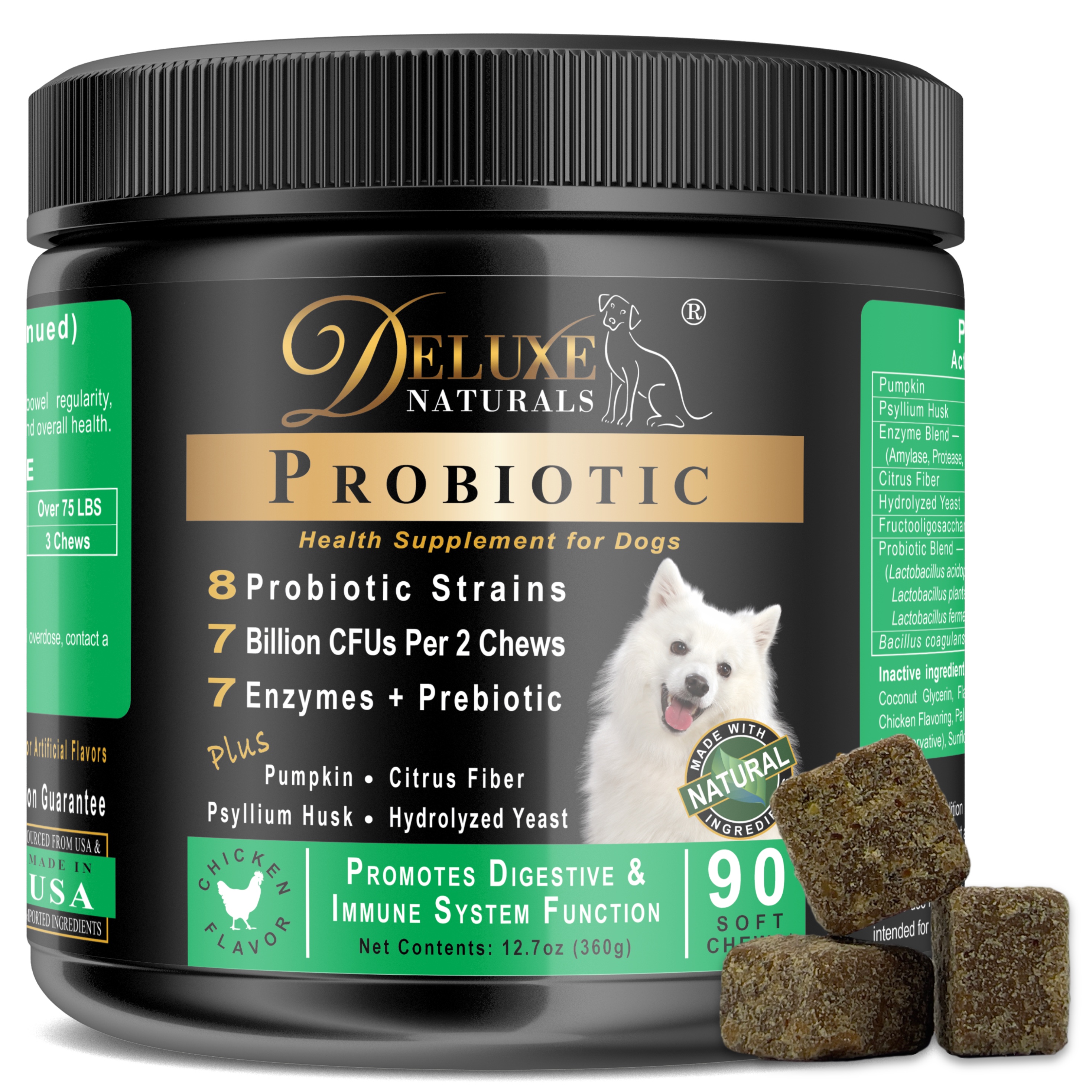 Deluxe Naturals Probiotics for Dogs | All-Natural Dog Probiotic Soft Chews with Enzymes, Prebiotics, Pumpkin | Promotes Digestive Health, Improves Allergy & Immunity - 90 Count (Pack of 1) - image 1 of 10