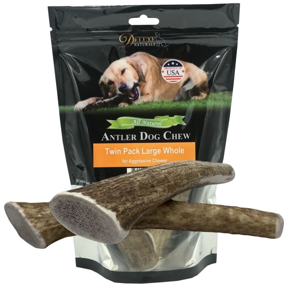 Deluxe Naturals 2-Pack Large Whole Elk Antler Dog Chews, Natural Long-Lasting Chew Treat for Medium and Large Dogs