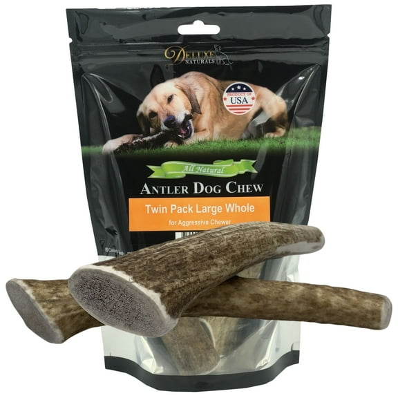 Deluxe Naturals 2-Pack Large Whole Elk Antler Dog Chews, Natural Long-Lasting Chew Treat for Medium and Large Dogs