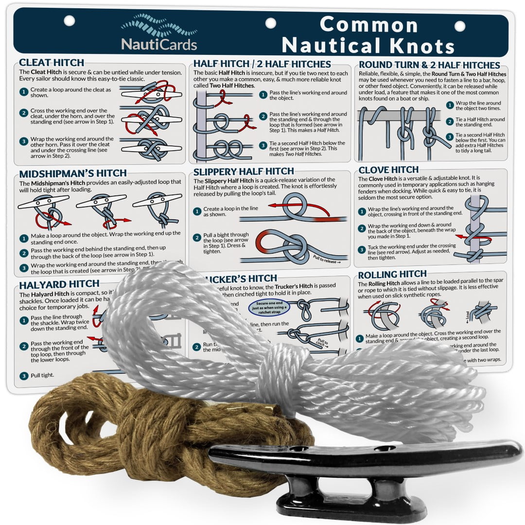 Deluxe Nautical Knot Kit - Waterproof Nautical Knot Chart, 6 Boat Cleat,  Jute Rope, & Poly Rope to Practice Sailing & Boating Knots - Master 21