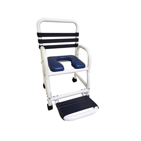 Deluxe New Era  18 in. Patent Pending Infection Control Shower Commode Chair with Folding Footrest, Blue & White