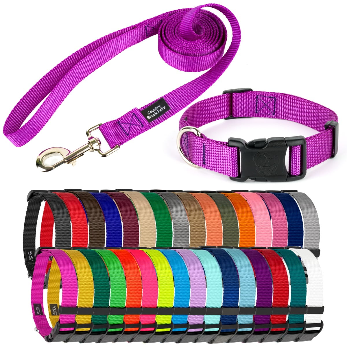 Country Brook Petz® Bright Purple Everyday Nylon Dog Collar and Leash, Large