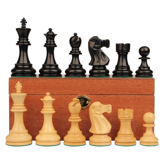 Deluxe Old Club Staunton Chess Set Ebony & Boxwood Pieces with Mahogany Chess Box - 3.75" King