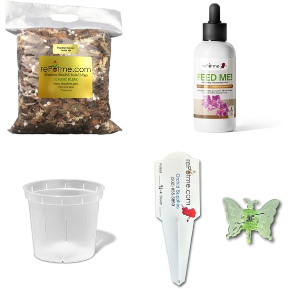 Deluxe Orchid Starter Kit - Phalaenopsis Dark Classic - (Includes Orchid Potting Mix, Orchid Fertilizer, Plus a 5 inch Orchid Pot, Flower Clip, and Plant Label)