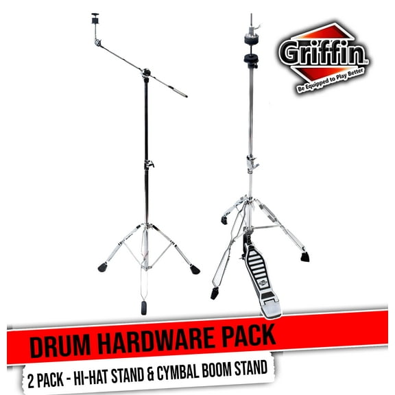 Deluxe PACK Set - Hi-Hat Stand & Cymbal Boom Stand Kit (2x Stands) by GRIFFIN | Hi-Hat Pedal with Pull Chain, Chrome Double-Braced Legs & Counterweight Adapter for Crash, Ride & Splash Cymbals