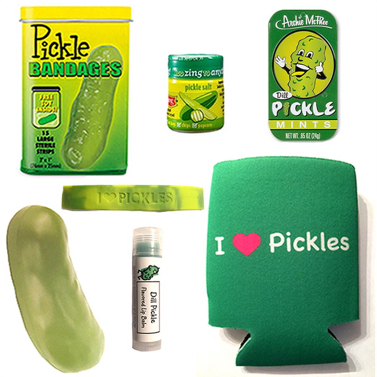 Deluxe Pickle Lovers Gift Pack 7pc Set - Pickle Bandages, Lip Balm, Magnet, Stress Pickle, Can Cooler Insulator, Wristband & Dill Pickle Salt