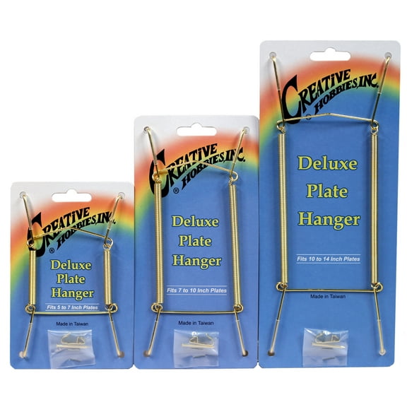 Deluxe Plate Display Hangers - 3 Different Sizes Assortment - Assembled & Ready to Use - Hang 5 to 14 Inch Plates - Gold Wire Spring Type, Hanger Hooks & Nails Included | Pack of 3 Hangers