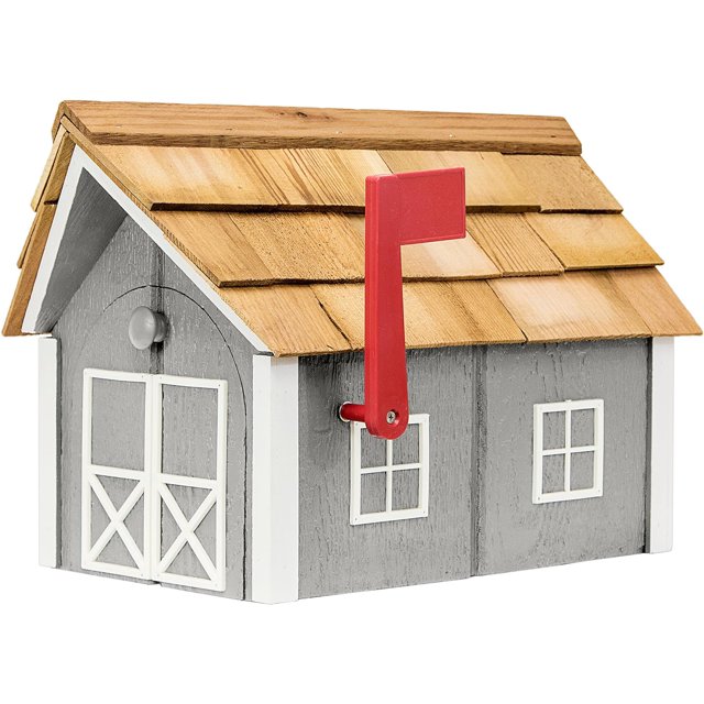 Deluxe Post Mount Wooden Mailbox With Cedar Shingles (Cape Cod Gray With White Trim)