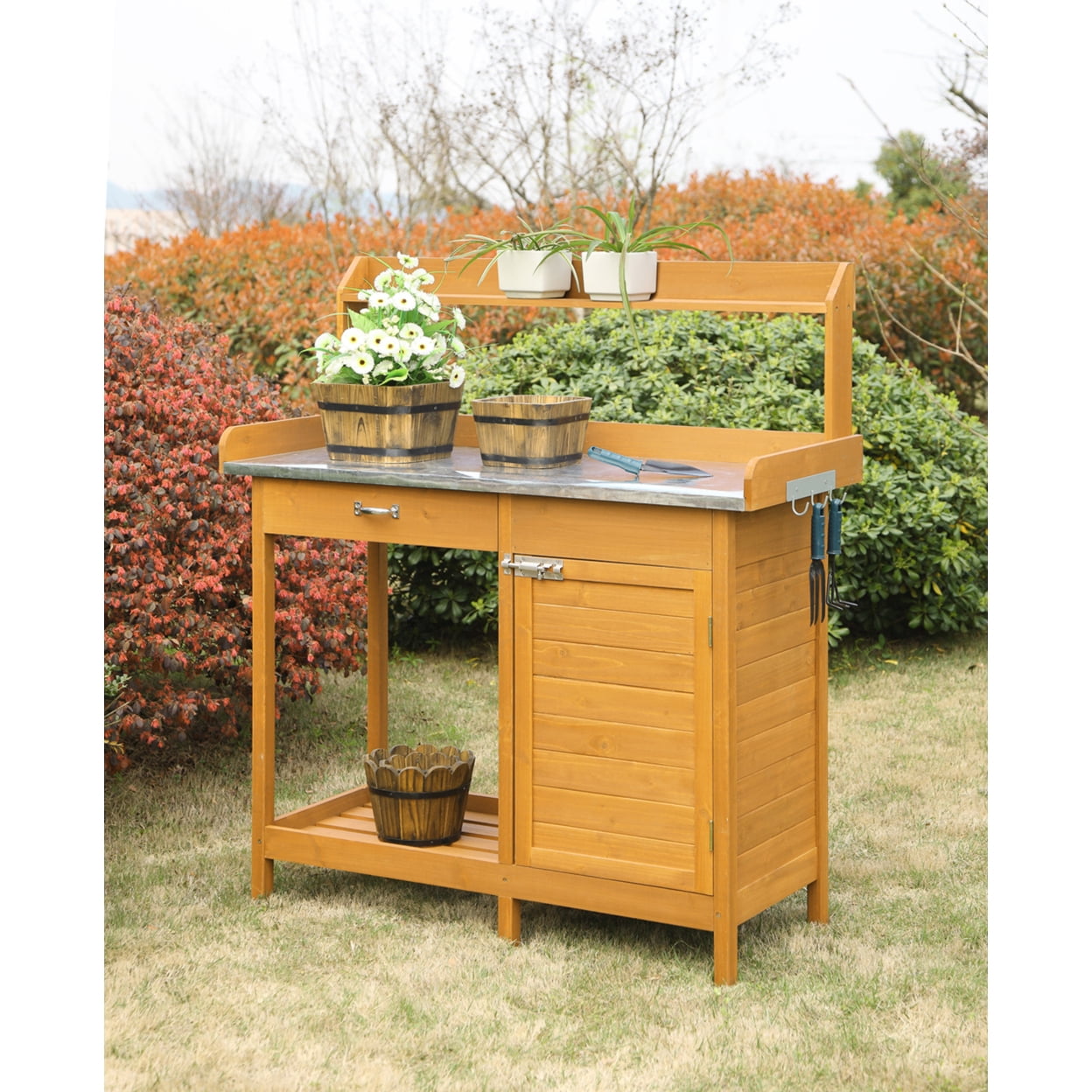 Light Oak Chinese Fir Wood Potting Bench with Cabinet