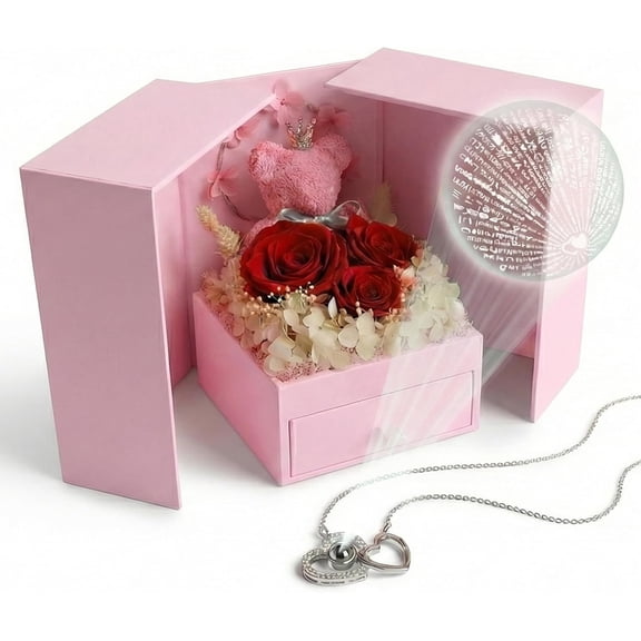 Deluxe Preserved Real Roses  Box -  Guardian Hug Bear with "I Love You" Necklace in 100 Languages - Personalizable Keepsake - Luxury Gifts for Her, Mom, Wife, Birthday, Anniversary -