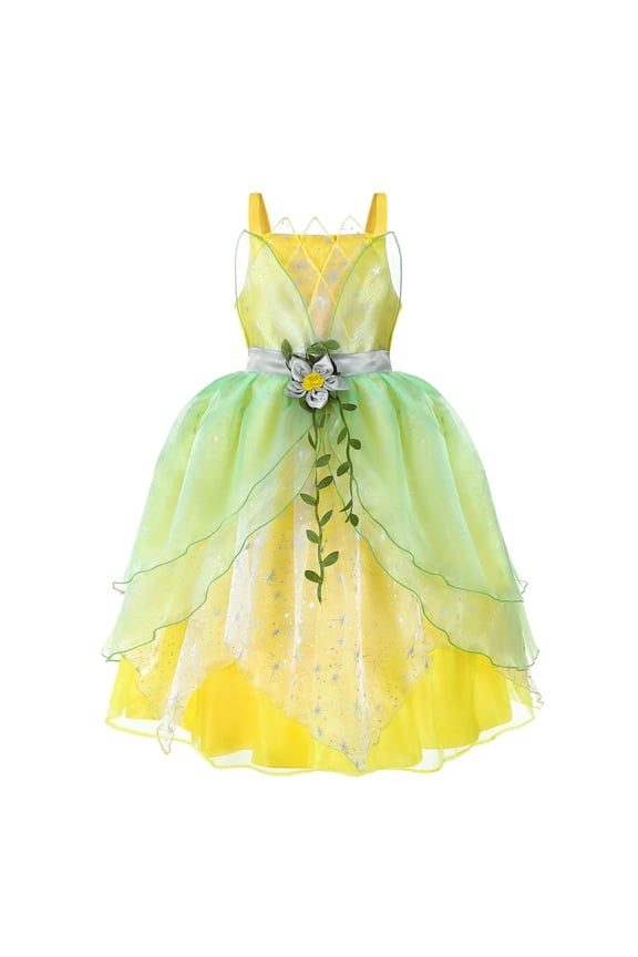 Deluxe Princess Tiana Costumes Little Girls Dress Kids Fancy Gown Cosplay Halloween Party