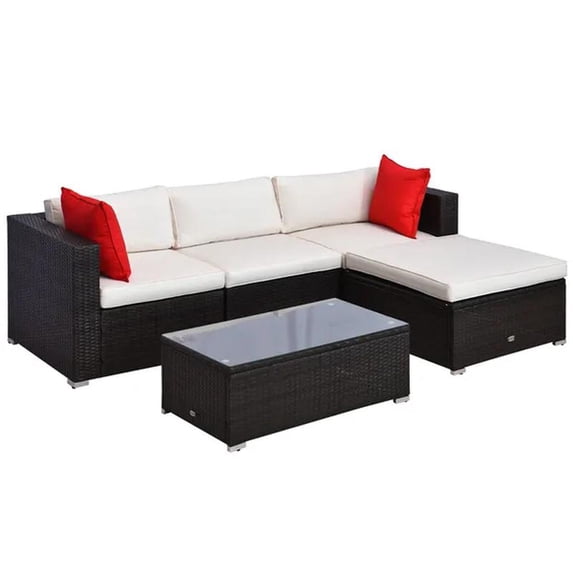 Deluxe Rattan Outdoor Patio Furniture Set, Sectional Wicker Couch with Coffee Table - Cream White