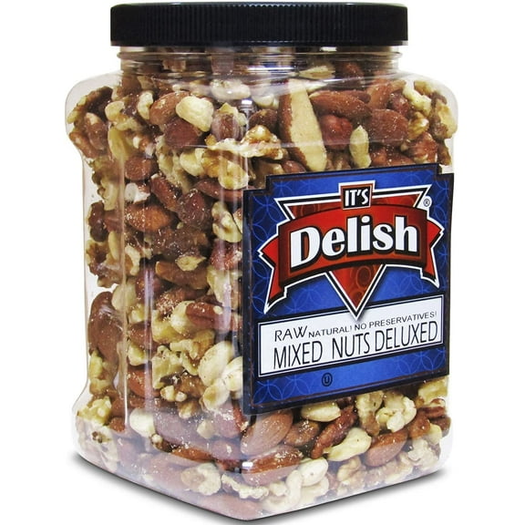 Deluxe Raw Mixed Nuts with No Peanuts by Its Delish, Bulk 2 lbs Jumbo Reusable Container  Premium Raw Unsalted Nut Mix Without Peanuts  Great for Parties, Snacking and Salads - Keto, Vegan, Kosher